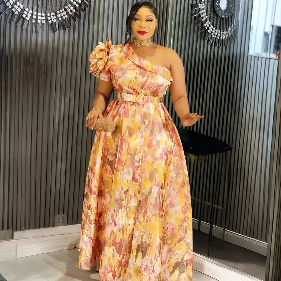 African Dresses For Women 2025 New Africa Clothing One Shoulder Turkey Wedding Party Long Dress Dashiki Ankara Print Outfit