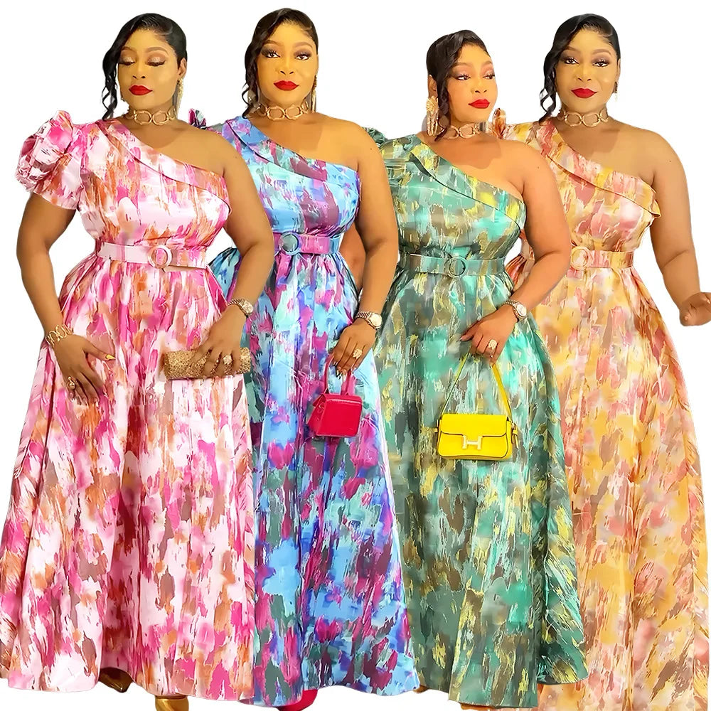 African Dresses For Women 2025 New Africa Clothing One Shoulder Turkey Wedding Party Long Dress Dashiki Ankara Print Outfit