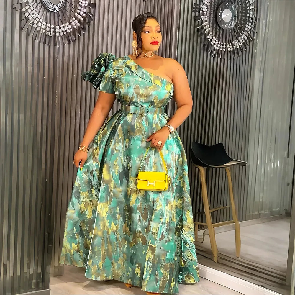 African Dresses For Women 2025 New Africa Clothing One Shoulder Turkey Wedding Party Long Dress Dashiki Ankara Print Outfit