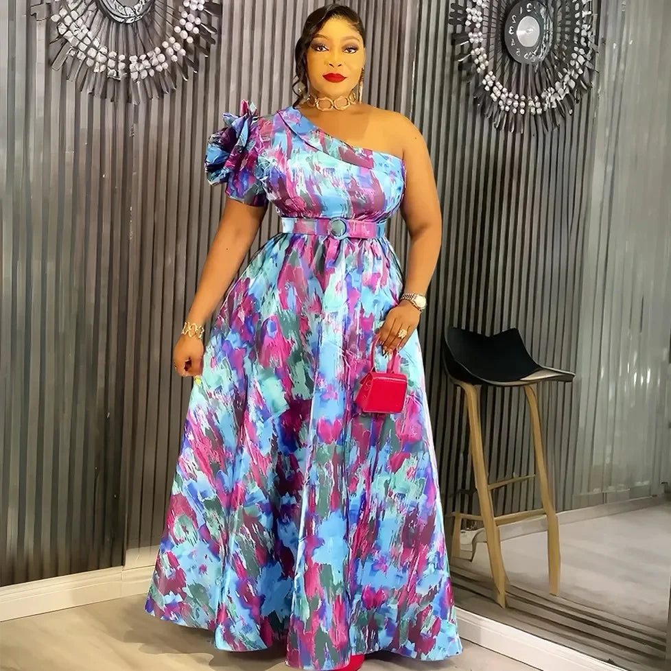 African Dresses For Women 2025 New Africa Clothing One Shoulder Turkey Wedding Party Long Dress Dashiki Ankara Print Outfit